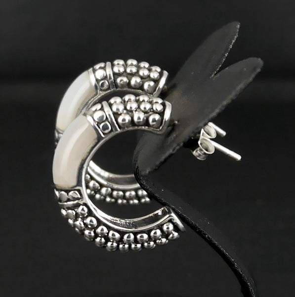 Bali Hoop MOP Inlay Earrings 925 Sterling Silver Jewelry - Sinister Silver Co.