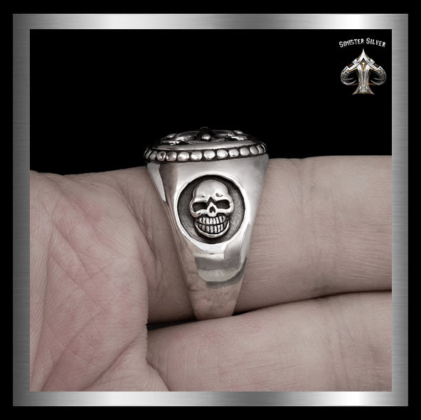 Mens Biker Skull Ring Masonic Knights Templar Cross Sterling Silver 2 - Biker Jewelry Club Sinister Silver Co.