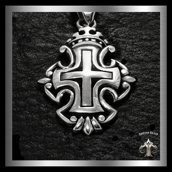 Sterling Silver Crowned Royalty Cross Pendant Biker Amulet Medallion 4 - Biker Jewelry Club Sinister Silver Co.