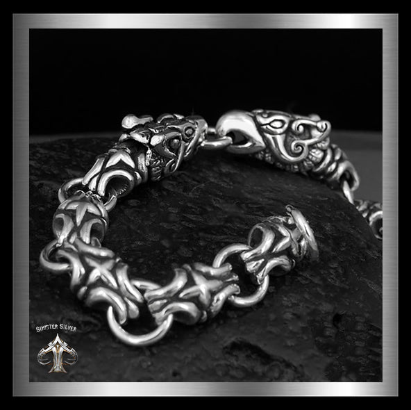 Sterling Silver Viking Eagle Heads Cross Link Chain Biker Bracelet 4 - Biker Jewelry Club Sinister Silver Co.