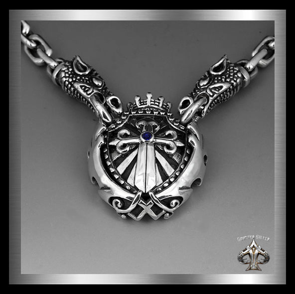 Sterling Silver Majestic Royalty Knights Crest Dragon Head Biker Necklace 3 - Biker Jewelry Club Sinister Silver Co.
