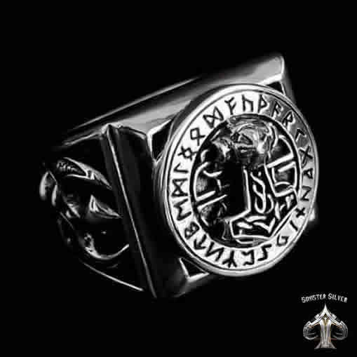 Sterling Silver Heavy Viking Rune Circle Thors Hammer Axe Ring 4 - Biker Jewelry Club Sinister Silver Co.