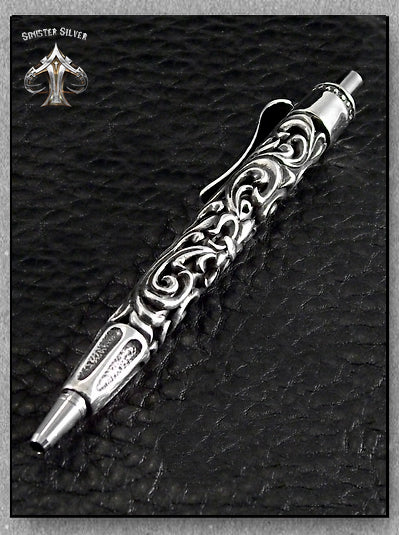 Sterling Silver Biker Ballpoint Pen Fleur De Lis 4 - Biker Jewelry Club Sinister Silver Co.