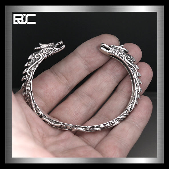Sterling Silver Viking Dragon Midgard Serpent Torc Armring Norse Cuff Bracelet 3 - Biker Jewelry Club Sinister Silver Co.
