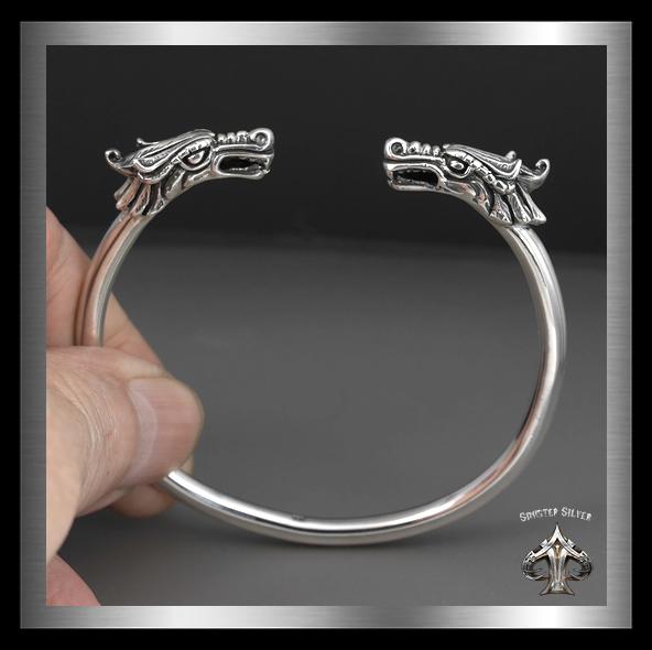 Sterling Silver Biker Bracelet Viking Dragon Torc Cuff Armlet 2 - Biker Jewelry Club Sinister Silver Co.