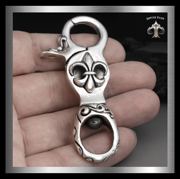 Sterling Silver Massive Fleur De Lis Belt Hook Belt Clip Keychain 2 - Biker Jewelry Club Sinister Silver Co.