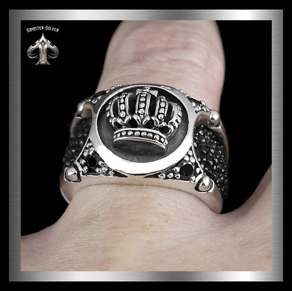 Mens Biker Ring Medieval Celtic Crown Stingray Inlay Sterling Silver 3 - Biker Jewelry Club Sinister Silver Co.