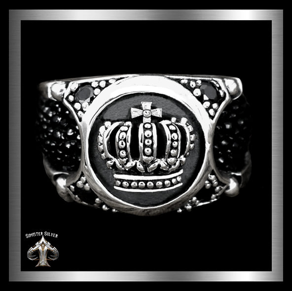 Mens Biker Ring Medieval Celtic Crown Stingray Inlay Sterling Silver 4 - Biker Jewelry Club Sinister Silver Co.