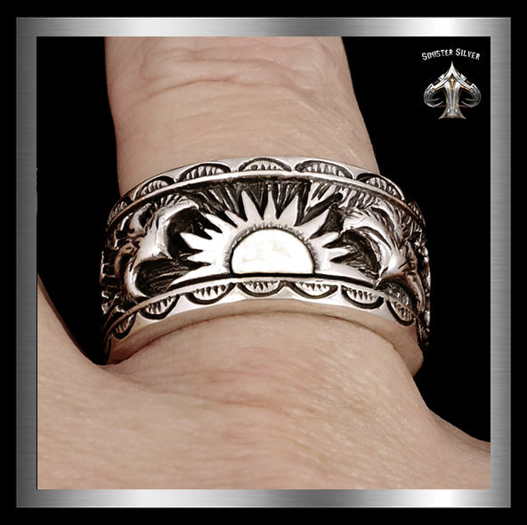 Viking Norse Double Falcon Biker Ring Sterling Silver Band 2 - Biker Jewelry Club Sinister Silver Co.