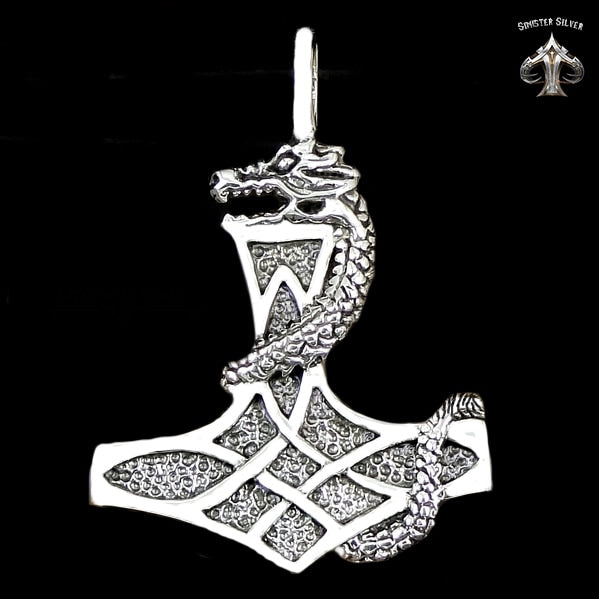 Sterling Silver Thors Hammer Viking Dragon Pendant 4 - Biker Jewelry Club