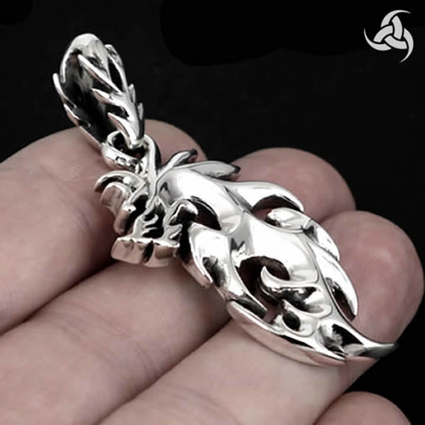 Viking Norse Flame Wolf Pendant Sterling Silver Jewelry 3 - Biker Jewelry Club Sinister Silver Co.