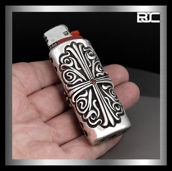 Bic Lighter Case Cover Sterling Silver Garnet Knights Templar Maltese Cross Biker Design - 2 Biker Jewelry Club and Sinister Silver Co.