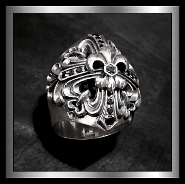 Fleur De Lis Ring Medieval Chunky Design In 925 Sterling Silver Onyx 1 Biker Jewelry Club