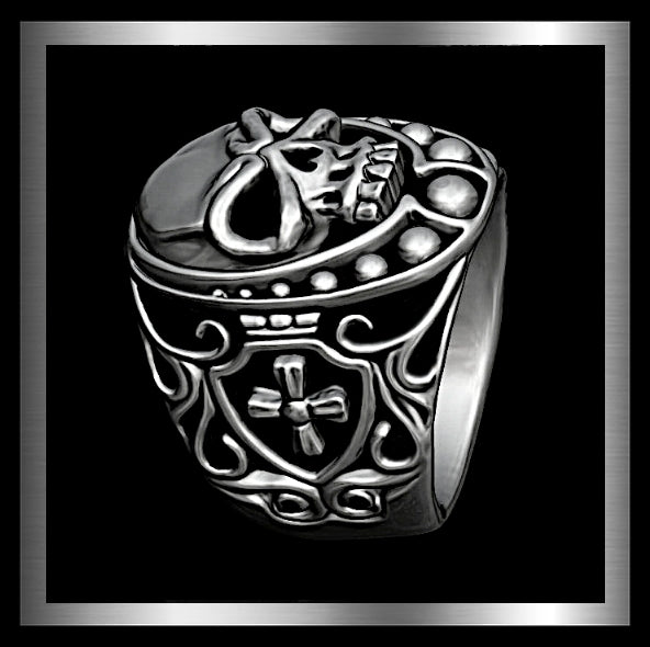 Mens Biker Skull Ring Iron Cross Sides In Sterling Silver 2 - Biker Jewelry Club Sinister Silver