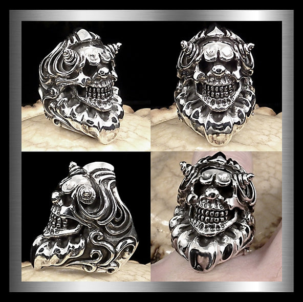 Wicked Evil Jester Ring Sterling Silver Heavy Biker Clown Skull Style 4 - Biker Jewelry Club and Sinister Silver Co.