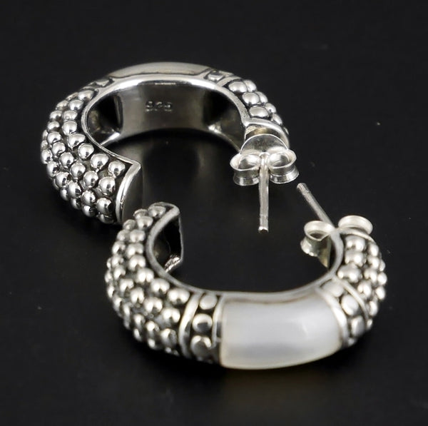 Bali Hoop MOP Inlay Earrings 925 Sterling Silver Jewelry - Sinister Silver Co.