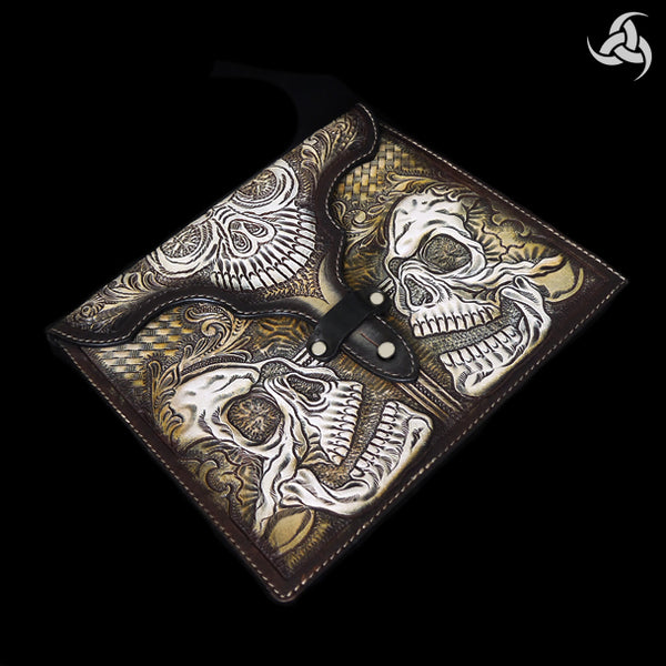 PREMIUM Tooled Skulls iPad Hand Carved Leather Case 9.6" X 8.3" Universal Fit - Sinister Silver Co.