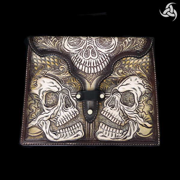 PREMIUM Tooled Skulls iPad Hand Carved Leather Case 9.6" X 8.3" Universal Fit - Sinister Silver Co.