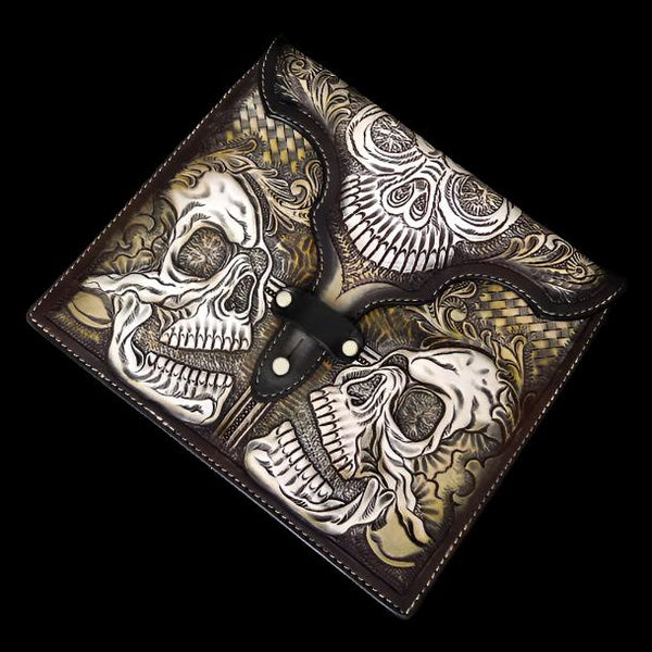 PREMIUM Tooled Skulls iPad Hand Carved Leather Case 9.6" X 8.3" Universal Fit - Sinister Silver Co.