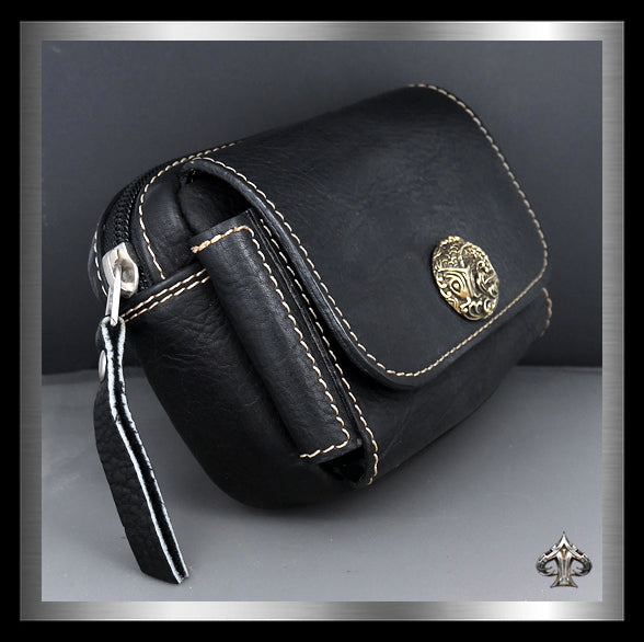 Biker Black Leather Belt Pouch Japanese Koi Fish Concho 1 - Biker Jewelry Club Sinister Silver Co.