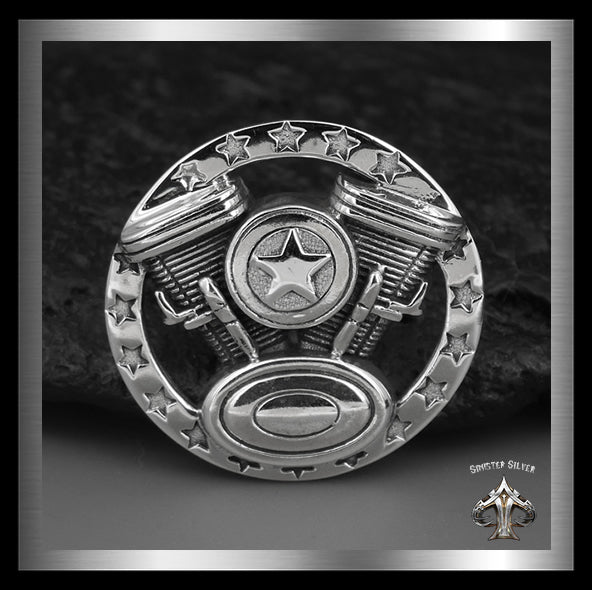 Biker V Twin Engine Concho Sterling Silver Screw Back 1 - Biker Jewelry Club Sinister Silver Co.