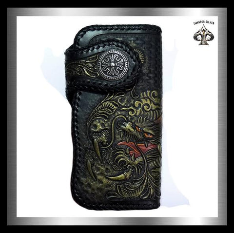 Biker Dragon Wallet Premium Hand Carved Hand Tooled Leather 1 - Biker Jewelry Club Sinister Silver Co.
