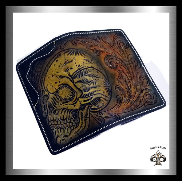 Biker Skull Wallet Premium Hand Carved Hand Tooled Leather 1 - Biker Jewelry Club Sinister Silver Co.