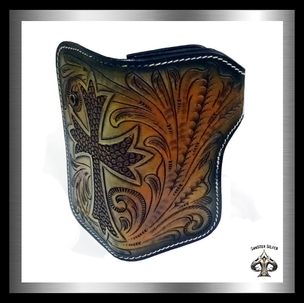 PREMIUM Biker Cross Wallet Hand Carved Hand Tooled Leather 2 - Biker Jewelry Club Sinister Silver Co.