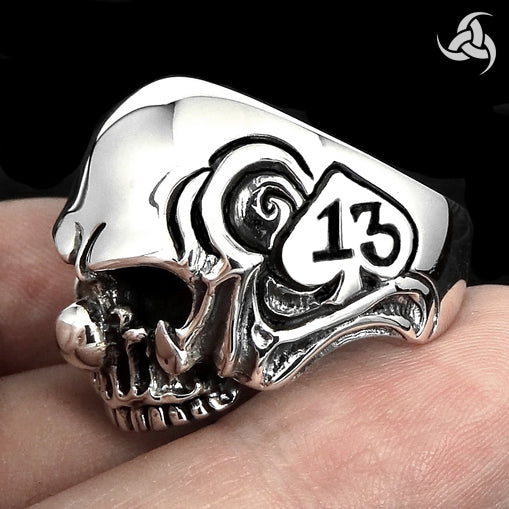Mens Biker Clown Skull Ring 13 Of Spades Sterling Silver 2 - Biker Jewelry Club Sinister Silver Co.