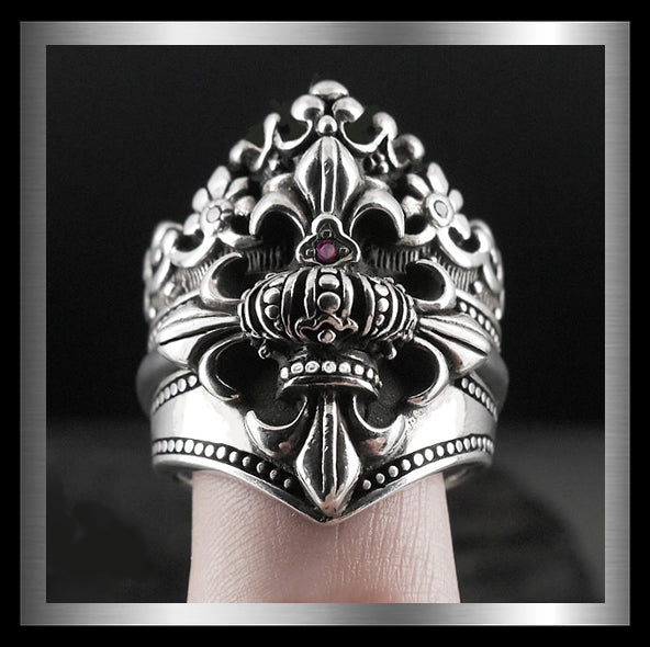 Giant Fleur De Lis Crown Ring In Sterling Silver 2 Biker Jewelry Club Sinister Silver Co.