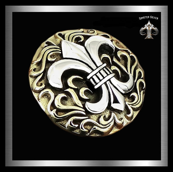 Medieval Fleur De Lis Concho Snap Cover Gold Brass Sterling Silver 1 - Biker Jewelry Club Sinister Silver Co.