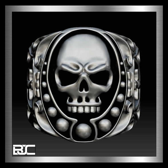 Mens Biker Skull Ring Iron Cross Sides In Sterling Silver 1 - Biker Jewelry Club Sinister Silver