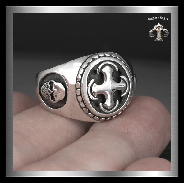 Mens Biker Skull Ring Masonic Knights Templar Cross Sterling Silver 3 - Biker Jewelry Club Sinister Silver Co.