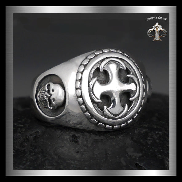 Mens Biker Skull Ring Masonic Knights Templar Cross Sterling Silver 1 - Biker Jewelry Club Sinister Silver Co.