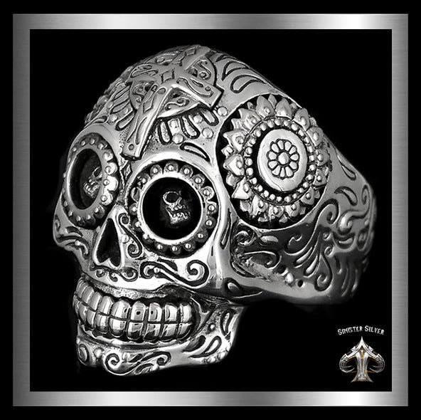 Mens Biker Sugar Skull Day Of The Dead Ring Memento Mori Sterling Silver 3 - Biker Jewelry Club Sinister Silver Co.