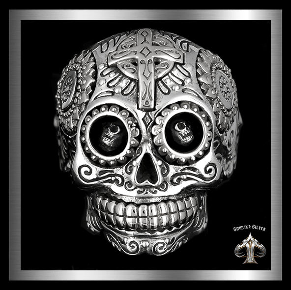 Mens Biker Sugar Skull Day Of The Dead Ring Memento Mori Sterling Silver