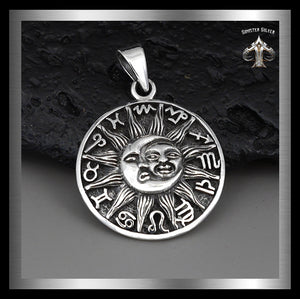 Sterling Silver Biker Pendant Zodiac Moon And Sun 1 - Biker Jewelry Club Sinister Silver Co.