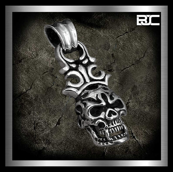 Sterling Silver Biker Crowned Classic Flame Skull Pendant 1 - Biker Jewelry Club Sinister Silver Co.