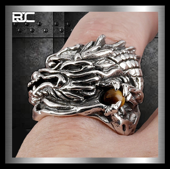 Sterling Silver Biker Dragon Tiger Eye Ring 1 - Biker Jewelry Club