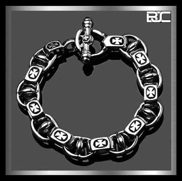 Sterling Silver Mens Iron Cross Biker Bracelet 5 -Biker Jewelry Club Sinister Silver Co.