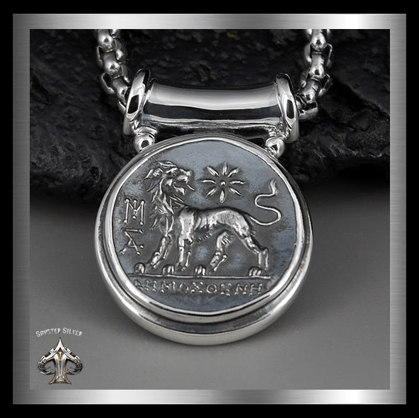 Sterling Silver Ancient Greek Lion Coin Design Pendant 1 - Biker Jewelry Club Sinister Silver Co.