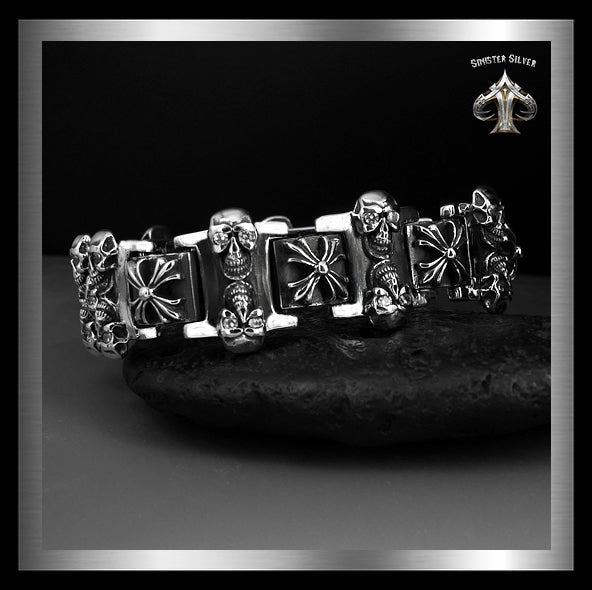 Sterling Silver Biker Bracelet Heavy Skull Maltese Cross Link 5 - Biker Jewelry Club Sinister Silver Co.