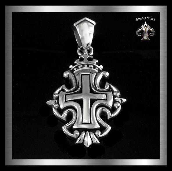Sterling Silver Crowned Royalty Cross Pendant Biker Amulet Medallion 1 - Biker Jewelry Club Sinister Silver Co.