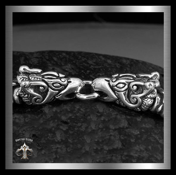 Sterling Silver Viking Eagle Heads Cross Link Chain Biker Bracelet