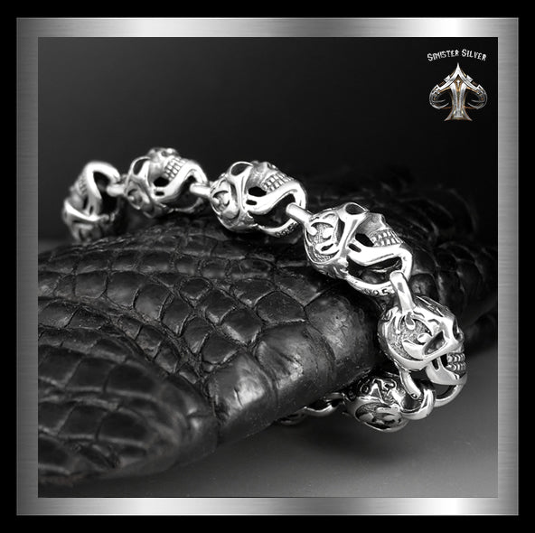 Sterling Silver Flame Skull Biker Bracelet 2 - Biker Jewelry Club Sinister Silver Co.