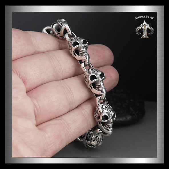 Sterling Silver Flame Skull Biker Bracelet 3 - Biker Jewelry Club Sinister Silver Co.