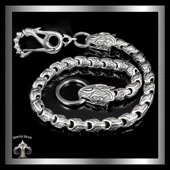 Sterling Silver Heavy Biker Wallet Chain Custom Dragons 1 - Biker Jewelry Club Sinister Silver Co.