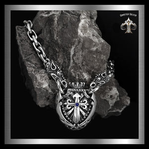 Sterling Silver Majestic Royalty Knights Crest Dragon Head Biker Necklace 1 - Biker Jewelry Club Sinister Silver Co.