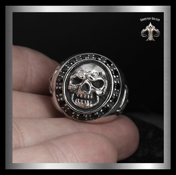 Mens Masonic Biker Skull Ring Sterling Silver Cross Sides 1 - Biker Jewelry Club Sinister Silver Co.