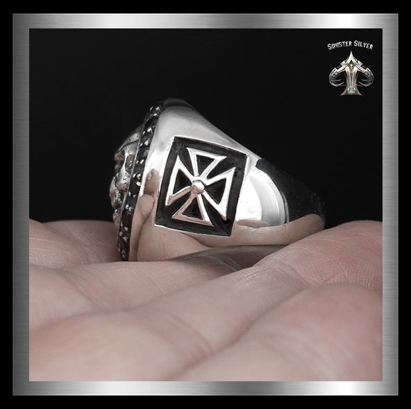 Mens Masonic Biker Skull Ring Sterling Silver Cross Sides 2 - Biker Jewelry Club Sinister Silver Co.